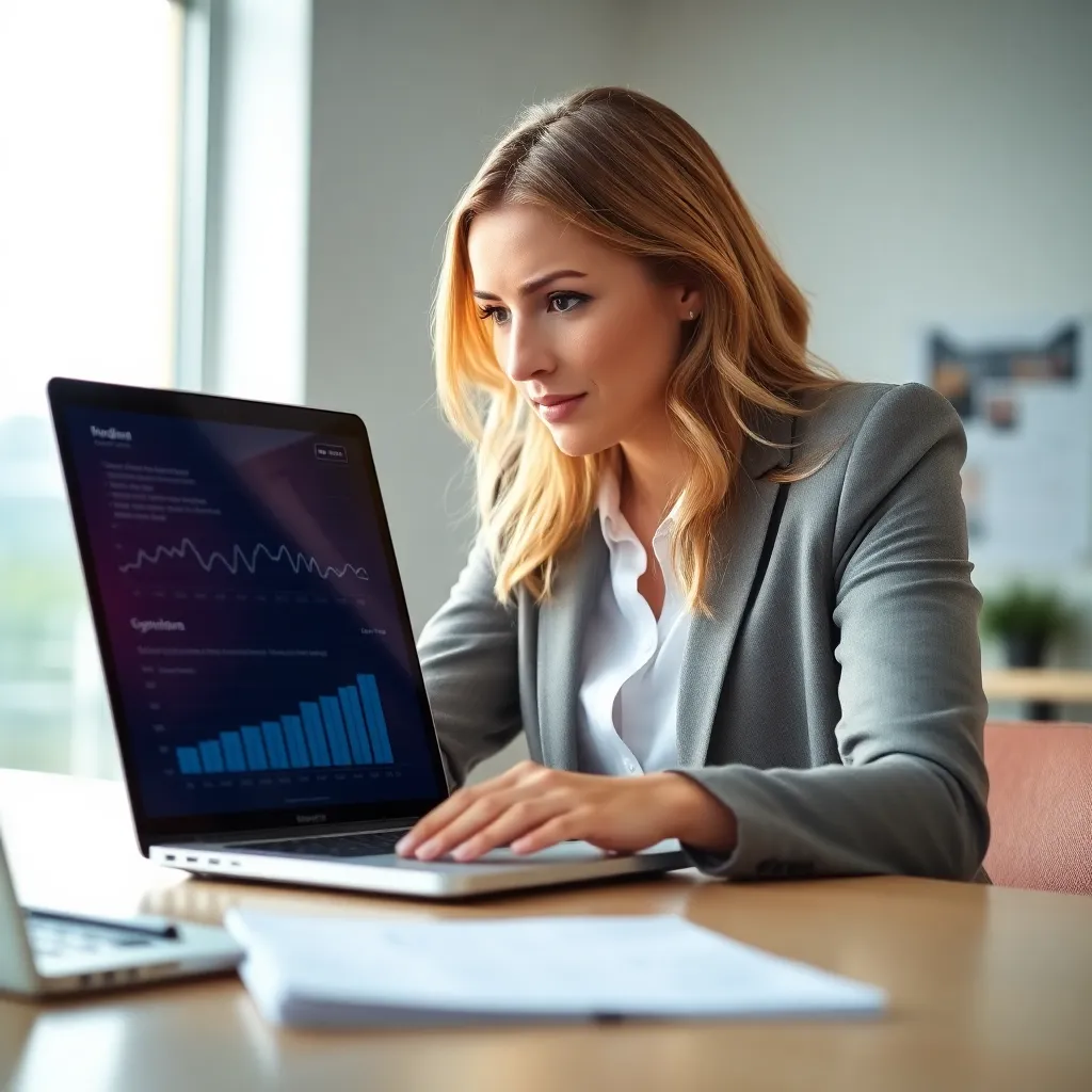 Professionele zakenvrouw die cashflow-analyse doet op laptop